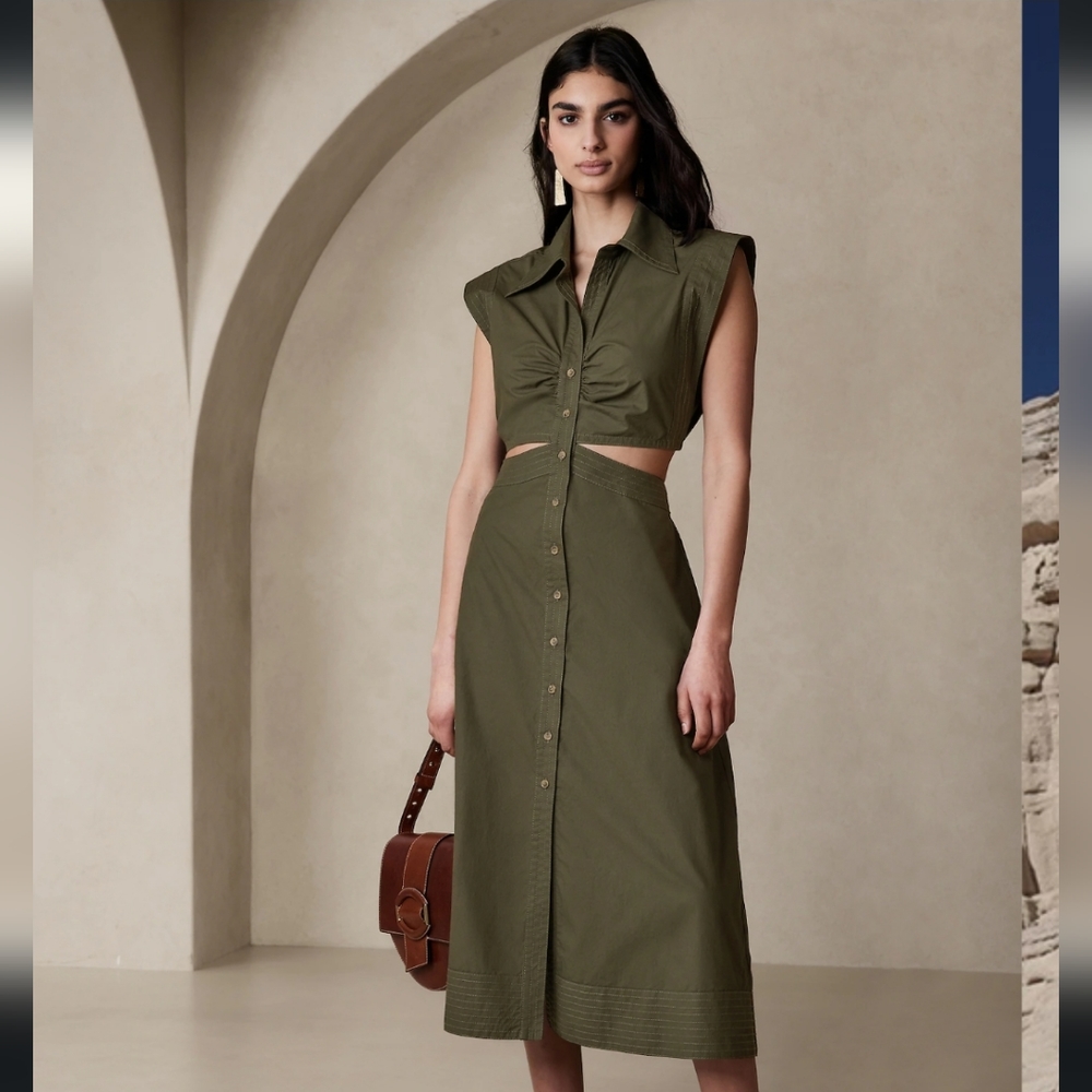 Banana Republic Yasmin Cut-out Shirt Dress Olive Green Size 4 NWT